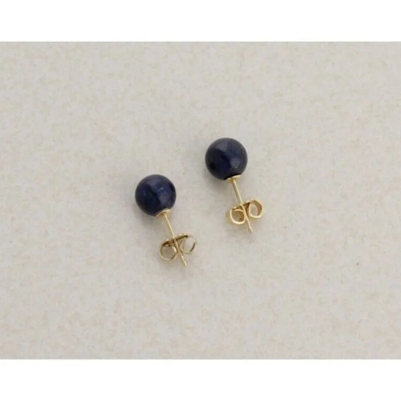 14k Yellow Gold Blue Lapis Lazuli 7mm Ball Bead Earrings Stud Post - Picture 8 of 8